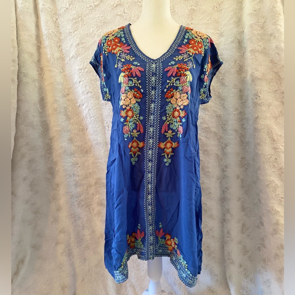 Johnny Was blue embroidered mini dress in a size small